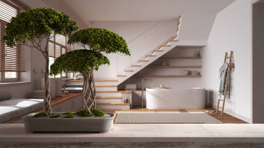 Çakıl taşı ve saksı çiçeği bonsai ile klasik ahşap masa rafı, yeşil çiçekler, en az beyaz banyo üzerinde küvet ve merdiven, japandi mimari konsepti
