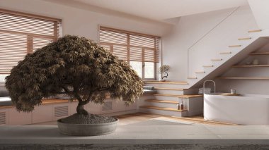 Çakıl taşı ve saksı çiçeği bonsai ile klasik ahşap masa rafı, yeşil çiçekler, en az beyaz banyo üzerinde küvet ve merdiven, japandi mimari konsepti