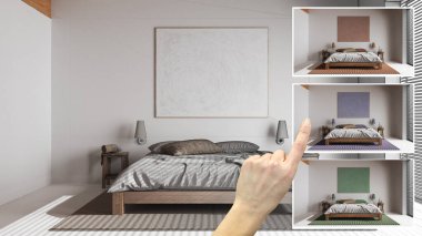 Mimar tasarım konsepti, el gösterimi minimal japandi yatak odası, farklı seçeneklerdeki renkler, iç tasarım projesi taslağı, renk seçici, malzeme örneği