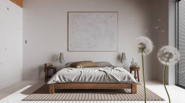 Kabarık tüylü karahindiba tohum sporlarını beyaz japandi yatak odasına çift kişilik yatak ile üflüyor. İç tasarım fikri. Değişim, büyüme, hareket ve özgürlük kavramı