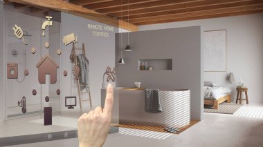 Akıllı ev kontrol konsepti, mobil uygulamadan el kontrollü dijital arayüz. Arka planda banyo küvetli, japandi mimari iç tasarımı olan minimal banyo görülüyor.