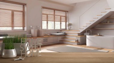 Ahşap masa, masa ya da rafta saksı bitkisi, ev anahtarları ve 3D harfler var. Evim güzel evim, küvetli minimum banyo, mimari iç tasarım, kopyalama alanı arka planı.