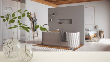 Beyaz masa üstü ya da rafta cam vazo ile hidrofonik bitki, süs, bitki kökü, vazo, ev bitkisi, modern banyo arka plan, iç tasarım