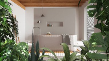 Orman iskeleti, biyofilik fikir. Minimum beyaz banyonun üzerinde serbest küvetli tropikal yapraklar. Kentsel orman iç tasarımı. Biyofili kavramı