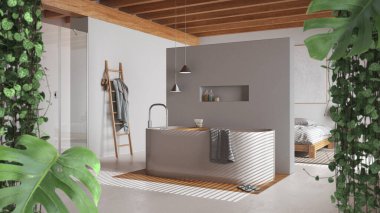 Orman çerçevesi, biyofilik kavram fikri iç tasarım. Minimum beyaz banyo ve küvetli tropikal yapraklar. Cerpegia woodii ve Monstera Deliciosa bitkileri