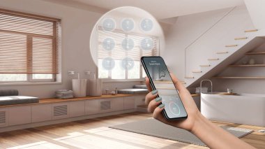 Smart home technology interface on phone app, augmented reality, internet of things, interior design of bathroom with connected objects, woman hand holding remote control device