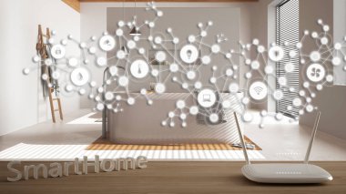 Wi-Fi kablosuz yönlendirici ahşap masa, akıllı ev, geometrik arkaplan bağlı çizgi ve noktalar şeylerin internet gösterimi banyo üzerinde ev otomasyon konsepti