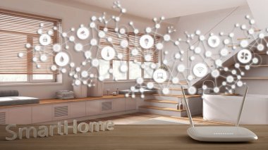 Wi-Fi kablosuz yönlendirici ahşap masa, akıllı ev, geometrik arkaplan bağlı çizgi ve noktalar şeylerin internet gösterimi banyo üzerinde ev otomasyon konsepti