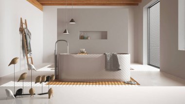 Beyaz masa üstü ya da rafta minimalist kuş süsü, minik kuş süsü - Japon banyosunun üzerinde ahşap küvetli, minimalist iç tasarım