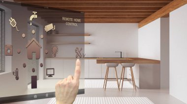 Akıllı ev kontrol konsepti, mobil uygulamadan el kontrollü dijital arayüz. Arka planda ada, japandi mimarisi iç tasarımı olan çok az mutfak var.