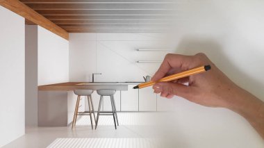 Mimar iç tasarım konsepti: el alan gerçek, modern ada ve dışkı ile beyaz ve ahşap mutfak haline iken bir tasarım iç Proje çizimi