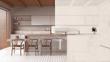 Boya patencisi iç tasarım tasarım tasarım tasarımı taslak arka plan, alan ise asgari düzeyde mutfakla gerçek hale gelirken. Öncesi ve sonrası konsepti, tasarımcı yaratıcı iş akışı