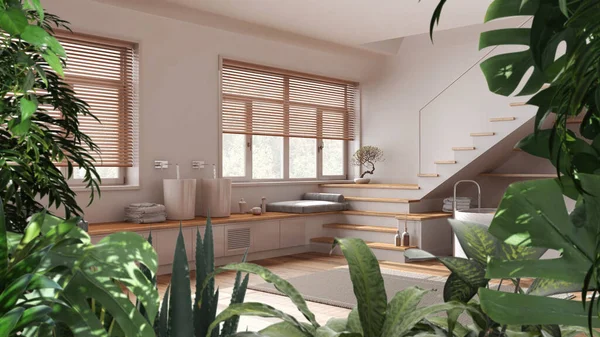 Jungle frame, biophilic idea. Tropical leaves over minimal white bathroom with staircase and freestanding bathtub. Urban jungle interior design. Biophilia concept