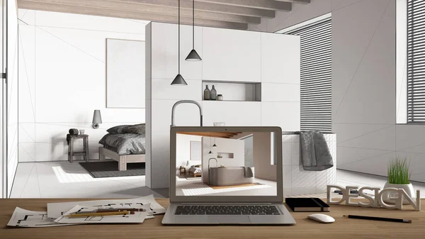 건축가 디자이너 데스크탑 인테리어 디자인 프로젝트 청사진 침실을 보여주는 스크린과 — 스톡 사진