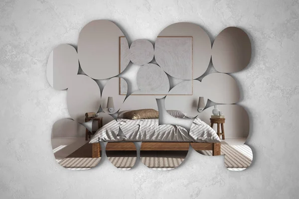 Modern mirror in the shape of pebbles hanging on the wall reflecting interior design scene, modern white bedroom, minimalist architect designer concept idea