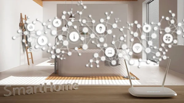 Wi-Fi kablosuz yönlendirici ahşap masa, akıllı ev, geometrik arkaplan bağlı çizgi ve noktalar şeylerin internet gösterimi banyo üzerinde ev otomasyon konsepti