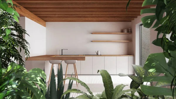 Jungle frame, biophilic idea. Tropical leaves over minimal white kitchen with island and stools. Urban jungle interior design. Biophilia concept
