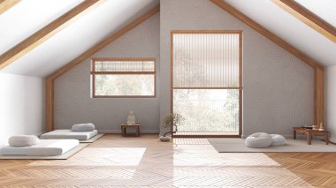 Minimum meditasyon odası beyaz ve bej tonlarda ahşap çatı katında, yastıklar, tatami paspaslar ve dekorlar. Tavan kirişleri ve parke zemin. Japandi iç tasarımı
