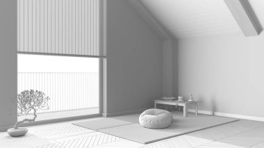 Total white project draft, japandi meditation room in modern attic, pillows, tatami mats and window. Wooden beams and parquet floor. Minimalist interior design clipart