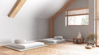 Modern çatı katında bej ve beyaz renkte minimal meditasyon odası. Yastıklar, tatami paspaslar ve pencere. Tahta kirişler ve parke zemin. Japon iç tasarımı
