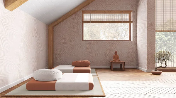 Minimal meditation room in white and orange tones in attic apartment. Tatami mats, pillows and table with decors. Wooden beams and window. Japandi interior design