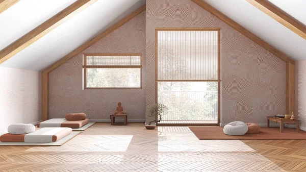 Minimal meditation room in white and orange tones in wooden penthouse, pillows, tatami mats and decors. Ceiling beams and parquet floor. Japandi interior design