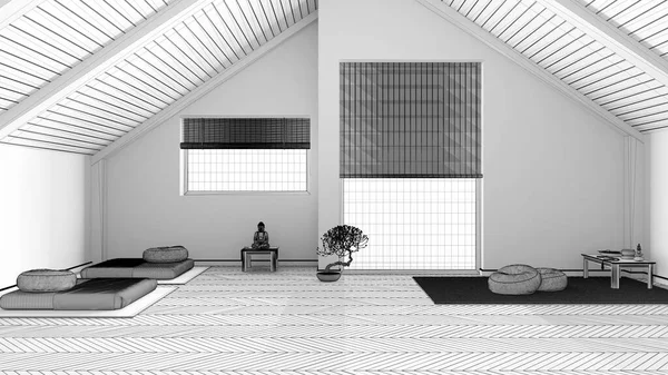 蓝图未完成的项目草稿 最小的静坐空间在木制顶楼 塔瓦垫和装饰 吊梁和花篮地板 日本室内设计 — 图库照片