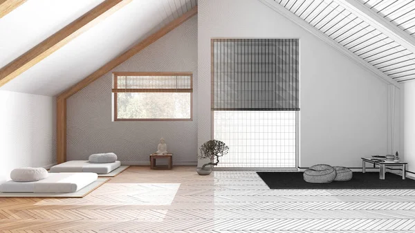 建筑师室内设计理念 手绘草稿未完成的工程 成为现实 最小的静坐空间在木制顶楼 日本风格 — 图库照片