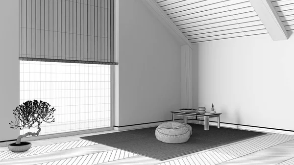 蓝图未完成的项目草稿 日本静思室在现代阁楼 塔瓦垫和窗户 木梁和木地板 最低限度室内设计 — 图库照片