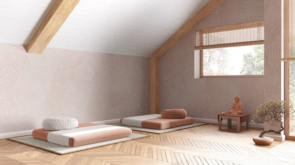 Minimal meditation room in white and orange tones in modern penthouse. Pillows, tatami mats and window. Wooden beams and parquet floor. Japanese interior design