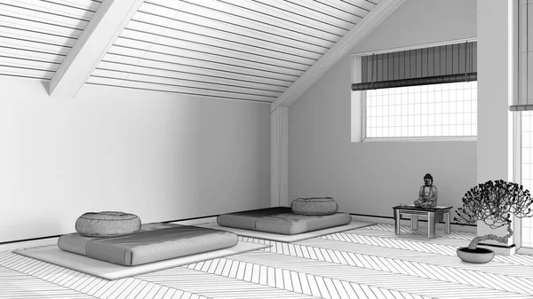 청사진 완성되지 프로젝트 하우스의 명상실 다다미 파케트 인테리어 디자인 — 스톡 사진