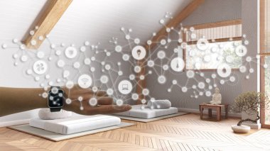 Akıllı bir saat, kol, kol, bilek, geometrik arkaplan, birbirine bağlı çizgiler ve noktalar, sistemin internetini gösteren noktalar, minimal meditasyon odasındaki ev otomasyonu konsepti