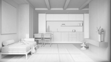 Tamamen beyaz proje taslağı, asgari ahşap mutfak, yemek ve oturma odası. Zemin ve kiriş tavanı reçine. Koltuk ve sandalyeli masa. Japandi iç tasarımı