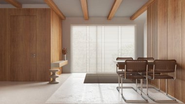 Ahşap asgari mutfak, yemek ve oturma odası. Beyaz ve bej tonlarda, yerde reçine var. Tavan kirişleri, masa, kanepe ve panoramik pencere. Japandi iç tasarımı