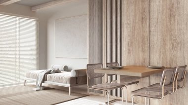 Modern beyazlatılmış ahşap yemek odası ve beyaz ve bej renkte oturma odası. Sandalye, kanepe, halı ve reçine kaplı bir masa. Kirişler tavan, japandi minimal iç tasarım