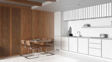 Mimar iç mimar konsepti: elle çizilmiş tamamlanmamış proje gerçek, en az ahşap mutfak ve yemek odası haline geliyor. Zemin ve kiriş tavanı reçine. Japon stili.