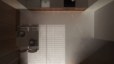 Karanlık gece sahnesi, asgari ahşap mutfak ve yemek odası. Reçine zemini. Dolaplar, aletler ve sandalyeli masa. Üst manzara, plan, yukarısı. Japandi iç tasarımı