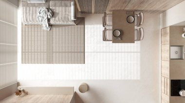 En az beyazlatılmış ahşap mutfak, beyaz ve bej tonlarda yemek ve oturma odası. Reçine zemin, kanepe ve sandalyeli masa. Manzara, plan, yukarısı. Japandi iç tasarımı