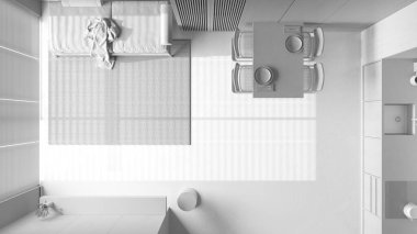 Tamamen beyaz proje taslağı, asgari ahşap mutfak, yemek ve oturma odası. Reçine zemin, kanepe ve sandalyeli masa. Manzara, plan, yukarısı. Japandi iç tasarımı