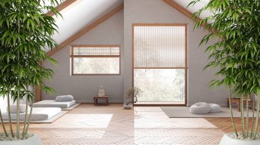 Zen iç döşeme bambu fabrikası, doğal iç tasarım konsepti, kağıt kapılı meditasyon odası, halı, puf ve dekorasyon, iç tasarım fikri