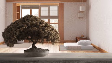 Saksı çiçekli ahşap masa rafı, bej yapraklar, çiçekler, minimal meditasyon odası iç tasarımı, tatami, yastıklar, halı, zen mimarisi fikri