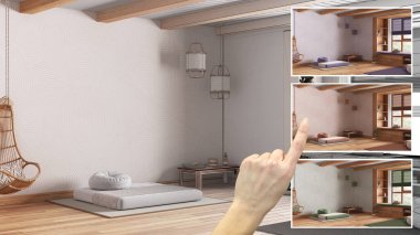 Mimari tasarım konsepti, farklı seçeneklerde meditasyon odası renklerini elle gösterme, üst görünüm, yukarıda, plan, iç tasarım projesi taslağı, renk seçici, malzeme örneği