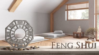 Tahta masa rafı ba gua, çakıl taşı ve bambu bitkileri, Japon tarzında minimum meditasyon odası, zen iç tasarım, feng shui şablon fikir geçmişi
