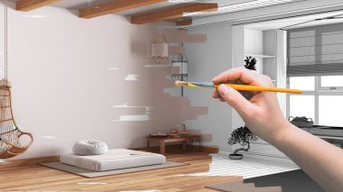 Taslak proje taslağı, halı ve yastıklı minimal meditasyon odası taslağı, iç dekorasyon fikri, parke döşeme fikri, özel mobilyalar.