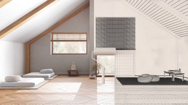 Uzay meditasyon odasını gerçek gösterirken, sen de iç mimari tasarım taslağı çizimi yap. Öncesi ve sonrası konsepti, tasarımcı yaratıcı iş akışı