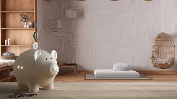 Wooden table top or shelf with white piggy bank with coins, minimal meditation room, expensive home interior design, renovation restructuring concept architecture