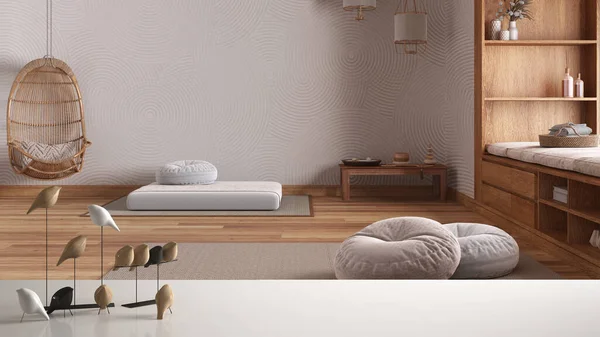 White table top or shelf with minimalistic bird ornament, birdie knick - knack over minimalist meditation room with tatami mats and pillows, modern interior design