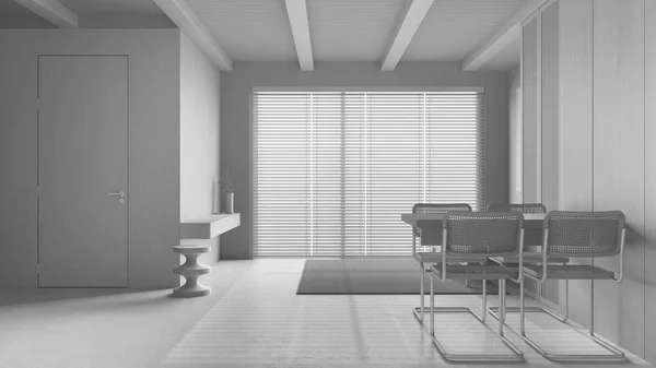 总的白色项目草案 最小的餐厅和客厅与树脂地板 沙发和全景窗 日本室内设计 — 图库照片