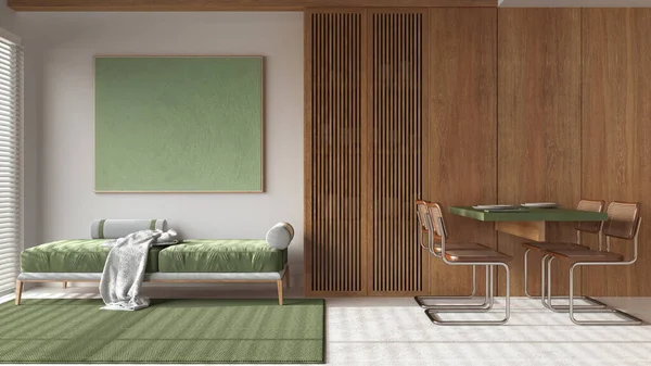 白と緑のトーンで現代的な木のダイニングとリビングルーム ソファー 椅子と樹脂床が付いているテーブル ビーム天井 ジャパンディミニマルインテリアデザイン — ストック写真