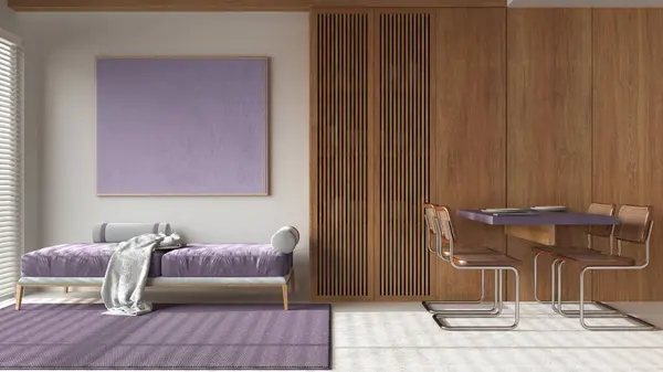 白と紫色のトーンで現代的な木製ダイニングとリビングルーム ソファー 椅子と樹脂床が付いているテーブル ビーム天井 ジャパンディミニマルインテリアデザイン — ストック写真